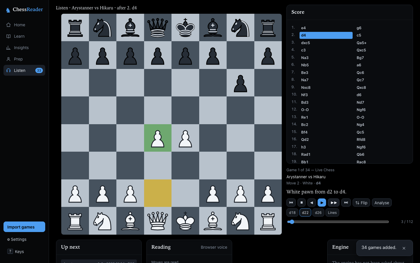 ChessReader's Listen room: a board, the score of a game, the transport controls and the engine's depth buttons